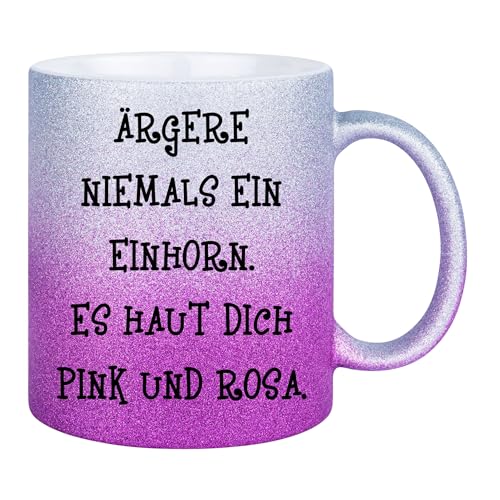 Druckerino Tasse mit Spruch - Glitzertasse - Ärgere niemals ein Einhorn. Es haut dich Pink und Rosa - Tasse mit Glitzer - tolle Geschenkidee - Geschenke für Frauen von Druckerino