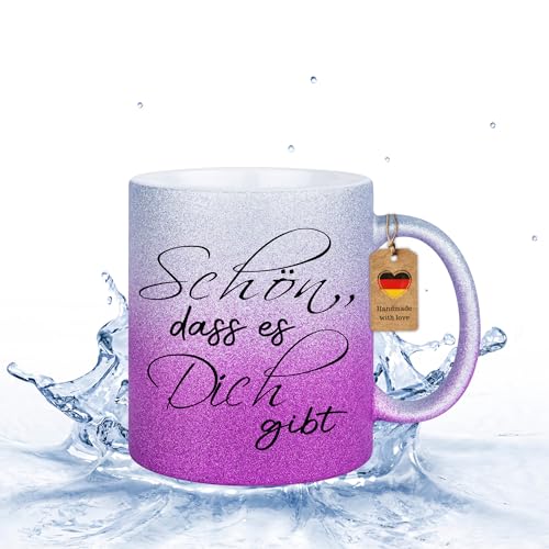 Druckerino Glitzer Tasse mit Spruch: Schön, dass es Dich gibt I Glitzertassen Geschenke, Geschenkideen I Für Frauen, die beste Freundin oder Kollegin (Purple) von Druckerino