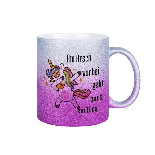 Druckerino Glitzer Tasse mit Spruch: Am Arsch vorbei geht auch ein Weg I Glitzertassen Geschenke, Geschenkideen I Für Frauen, die beste Freundin oder Kollegin von Druckerino