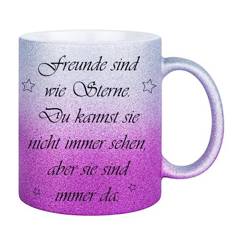 Druckerino Tasse mit Spruch - Glitzertasse - Freunde sind wie Sterne - Tasse mit Glitzer - tolle Geschenkidee - Geschenk für Freunde (Purple) Keramik 330 ml von Druckerino