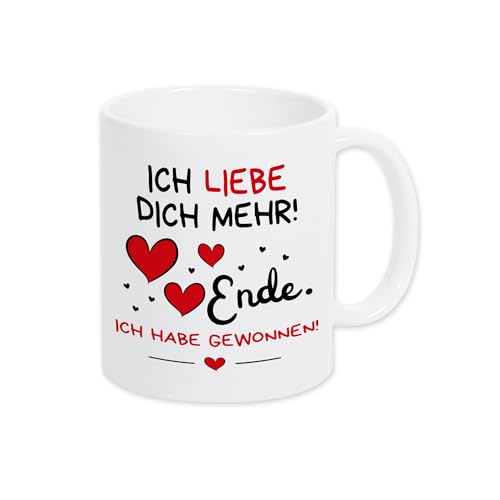 Druckerino Tasse mit Spruch: Ich liebe dich mehr! Ende. Ich habe gewonnen! | Kaffeetasse I Tassen mit Sprüchen | Tasse Valentinstag | Geschenk für Freund, Freundin | versch. Farben (weiß) von Druckerino