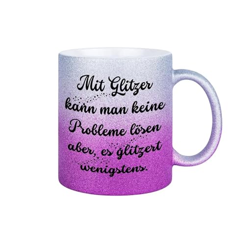 Tasse mit Spruch: Mit Glitzer kann man keine Probleme lösen, aber es glitzert wenigstens | Glitzertasse | Geschenkideen Freundin | Geschenke für Frauen | Geschenkidee Freundin (Lila) von Druckerino
