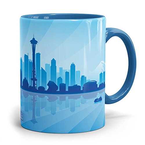 Drucksaal Tasse-Becher-Kaffeetasse-Kaffeebecher-Skyline-Stadt-Städte-Ansicht Skyline London Seattle Zweifarbtasse Cambridge Blue von Drucksaal