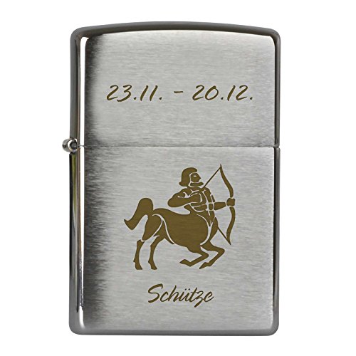 Druckspezialist Sternzeichen Schütze auf Original Zippo graviert Lasergravur Chrome Brushed Benzinfeuerzeug Tierkreiszeichen von Druckspezialist