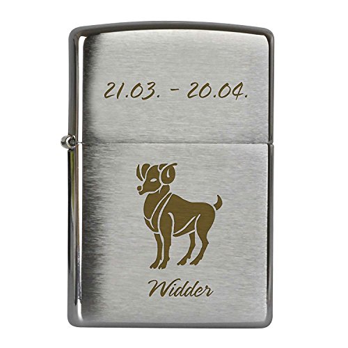 Druckspezialist Sternzeichen Widder auf Original Zippo graviert Lasergravur Chrome Brushed Benzinfeuerzeug Tierkreiszeichen von Druckspezialist