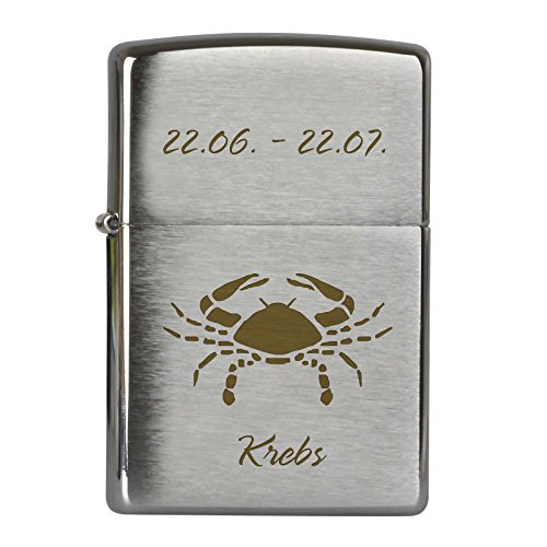 Druckspezialist Sternzeichen Krebs auf Original Zippo graviert Lasergravur Chrome Brushed Benzinfeuerzeug Tierkreiszeichen von Druckspezialist