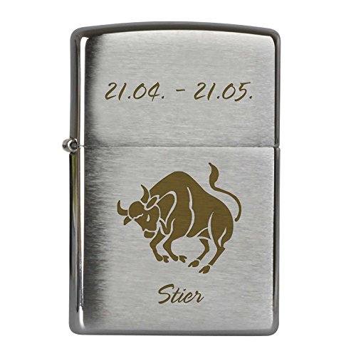 Druckspezialist Sternzeichen Stier auf Original Zippo graviert Lasergravur Chrome Brushed Benzinfeuerzeug Tierkreiszeichen von Druckspezialist