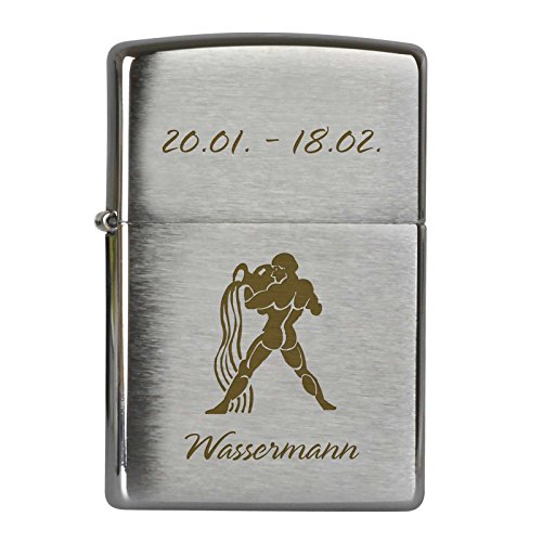 Druckspezialist Sternzeichen Wassermann auf Original Zippo graviert Lasergravur Chrome Brushed Benzinfeuerzeug Tierkreiszeichen von Druckspezialist