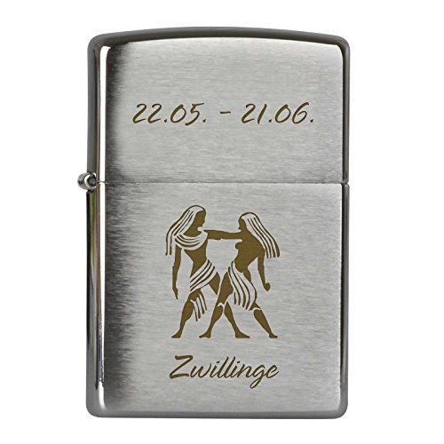 Druckspezialist Sternzeichen Zwillinge auf Original Zippo graviert Lasergravur Chrome Brushed Benzinfeuerzeug Tierkreiszeichen von Druckspezialist