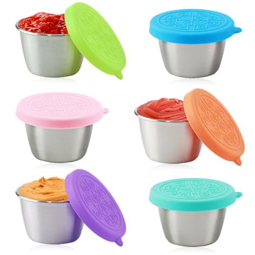 Drufoful Salatdressing Behälter, 6x70ml Kleine Edelstahl Gewürzbehälter Frischhaltedosen mit Deckel Dressing Behälter, Wiederverwendbare Mini Saucenbehälter Snack Box Lebensmittelbehälter Set von Drufoful