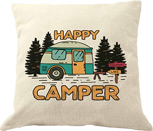 DrupsCo Happy Camper Kissen – 18 x 18 cm Camping Deko Kissenbezug – Camper Dekor für Reiseanhänger von DrupsCo