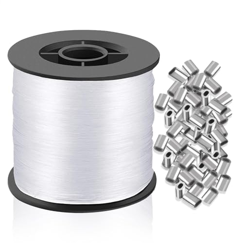 Druuzyl 200m Angelschnur 0,8mm Transparent Nylonschnur, Durchsichtige Angelschnur mit 100 Aluminium Crimphülsen Starke Reißfestigkeit und Verschleißfestigkeit für DIY, Aufhängen Dekoration von Druuzyl