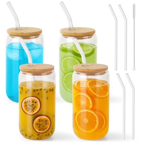 Druuzyl 4er Set Glas mit Deckel und Strohhalm, Bierdosengläser 16oz Trinkgläser mit Deckel Cocktailgläser Dosenförmige Glasbecher Geeignet für Eiskaffeetassen, Limonaden, Smoothies, Bier von Druuzyl