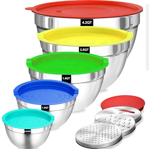 Druuzyl Edelstahl Rührschüssel 5er Set mit Deckel – 4.5L/2.7L/1.6L/1.1L/0.7L – Inkl. 3 Reibenaufsätzen, Rutschfest & Stapelbar – Spülmaschinenfest für Küche & Backen von Druuzyl
