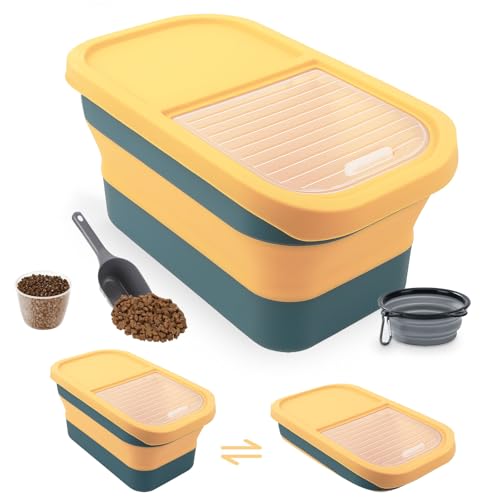 Druuzyl Hundefutter Aufbewahrungsbox 5kg - Faltbarer Futterbehälter für Trockenfutter mit Deckel, Messbecher & Löffel, Luftdicht, Haustierfutter-Container für Hund/Katze mit Faltbare Hundenapf,gelb von Druuzyl