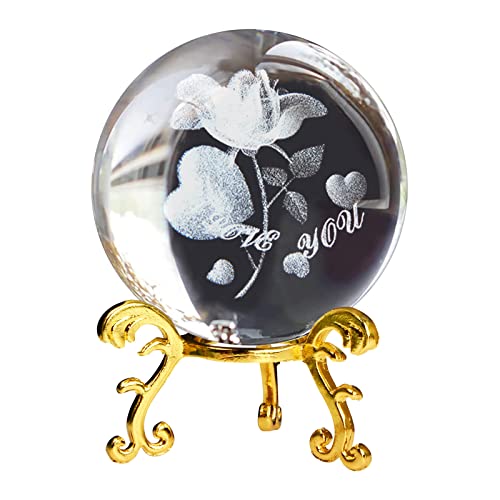 60mm 3D Kristallkugel Rose Blume&Liebesfigur Glaskugel lasergravur Ich Liebe Dich Andenken Briefbeschwerer Ornamente Ball mit Ständer Deko Ball Liebhaber Geschenk für Frauen Mädchen (Rose) von Drwosm