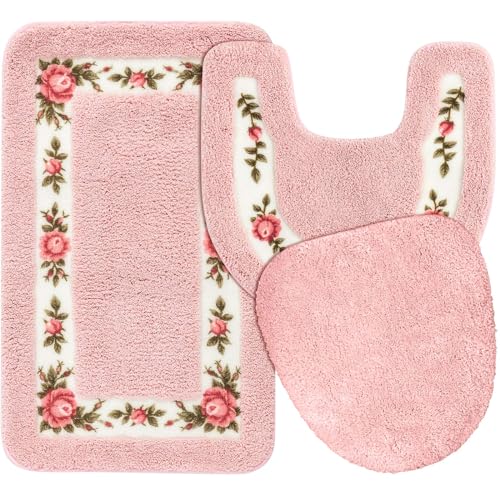 Drydiet 3-teiliges rosa Badezimmerteppich-Set mit Rosenblüten-Badvorleger, U-förmiger WC-Vorleger, WC-Deckelbezug, rutschfest, saugfähig, florales Badteppich, für Hotel, Zuhause, Schlafzimmer, von Drydiet