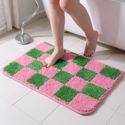 Drydiet Badematten für Badezimmer, 40,6 x 61 cm, rutschfester Badezimmerteppich, saugfähig und weich, für Dusche, Bodendekoration (kariert) Rosa und Grün von Drydiet