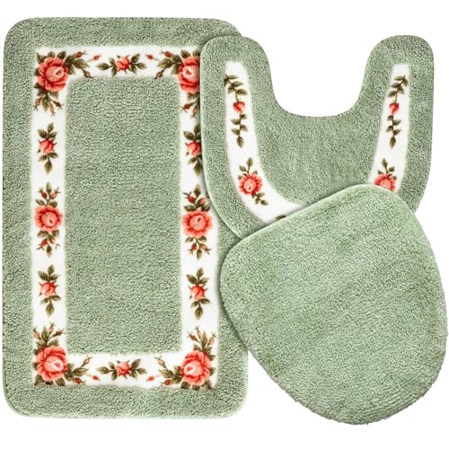 Drydiet Badezimmerteppich-Set mit Rosenblüten, 3-teilig, kokett, Raumdekoration, Blumen-Badematte, U-förmiger WC-Vorleger, rutschfest, saugfähig, Blumen-Badteppich (grün) von Drydiet