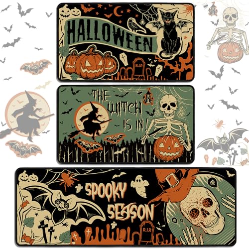 Drydiet Halloween-Küchenteppiche und -matten, Set mit gruseligem Kürbis, rutschfest, Skelett, Hexe, Fledermaus, wasserdichte Bodenmatte für Küche, Zuhause, Bar, Büro, Badezimmer, Tür, Party-Dekoration von Drydiet