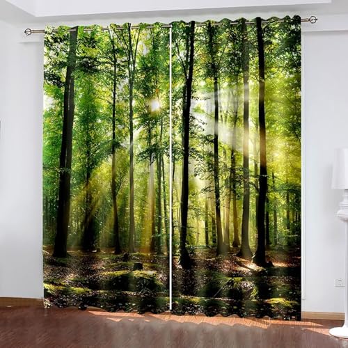 Curtains Design, Verdunkelungsvorhang XXL Grün Braun Polyester Bäume und Sonnenschein Landschaft Gardine 2er Set B 244 x H 274 cm von Dsnyu