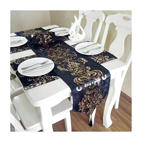 Dsnyu 32x210 cm Tischläufer Schwarz Blumen Luxus Blumenmuster Samt Tischläufer Abwaschbar mit Quaste von Dsnyu