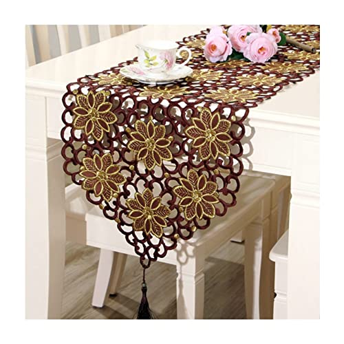 Dsnyu 40x246 cm Tischläufer Kaffee Blumen Hohle Stickerei Blumen Baumwolle Tischläufer Elegante Heimtextilien mit Quaste von Dsnyu