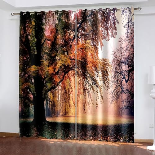 Dsnyu Black Out Curtains for Window, Vorhänge Polyester Orange Grün Bäume Landschaft Gardine 2er Set B 102 x H 244 cm von Dsnyu