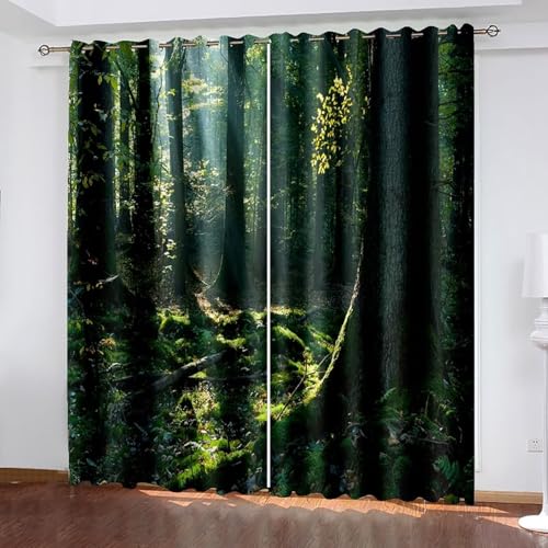 Dsnyu Blackout Curtain, Verdunklungsvorhänge Lang Grün Polyester Bäume und Sonnenschein Landschaft Gardine 2er Set B 214 x H 183 cm von Dsnyu