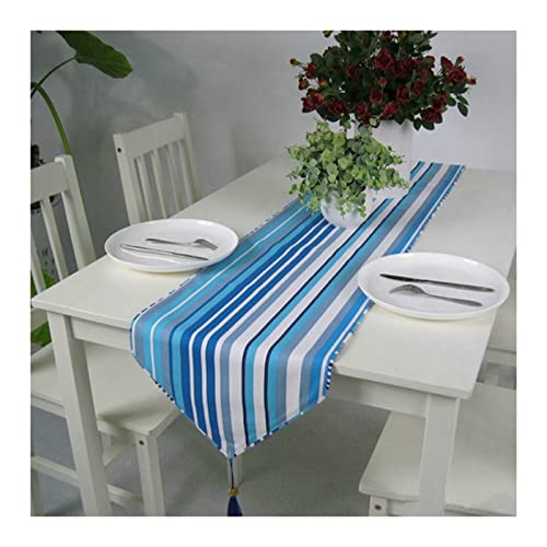 Dsnyu Blau Weiss Tischläufer 32x220 cm Baumwolle Tischläufer Streifen Gestreift Tischläufer mit Quaste Esstischdekoration von Dsnyu