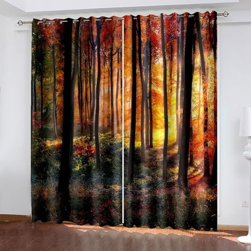 Dsnyu Curtains Decoration, Vorhänge Fenster Braun Orange Gelb Polyester Herbstwaldlandschaft Gardine 2er Set B 86 x H 183 cm von Dsnyu