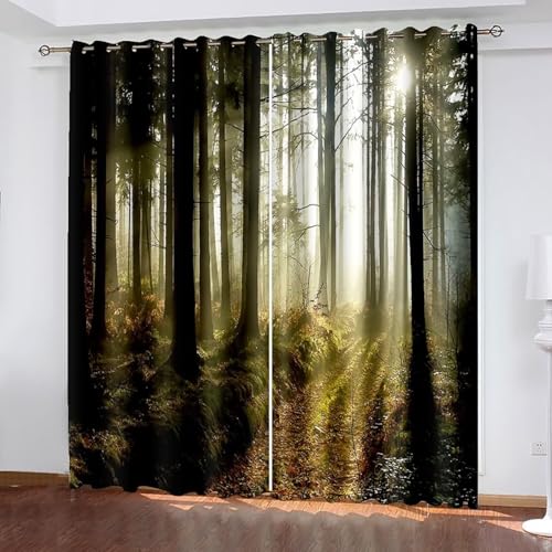 Dsnyu Curtains Decoration, Vorhänge Fenster Schwarz Dunkelgrün Polyester Bäume und Sonnenschein Landschaft Gardinen 2er Set B 137 x H 244 cm von Dsnyu