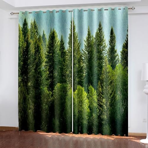 Dsnyu Gardine Fenster, Gardinen Wohnzimmer Elegant Grün Polyester Bäume Landschaft Vorhänge 2er Set B 86 x H 183 cm von Dsnyu