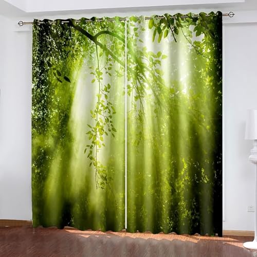 Dsnyu Gardine Grün, Gardinen Vintage Polyester Bäume und Sonnenschein Landschaft Dekoration 2er Set B 102 x H 214 cm von Dsnyu