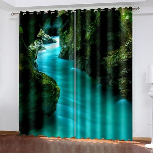 Dsnyu Gardine Modern, Gardinen Wohnzimmer Modern Blau Grün Polyester Höhlenlandschaft Vorhänge 2er Set B 152 x H 244 cm von Dsnyu