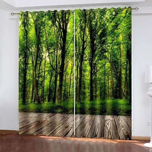 Dsnyu Gardine Modern, Gardinen Wohnzimmer Vintage Grün Polyester Bäume Landschaft Vorhang 2er Set B 86 x H 229 cm von Dsnyu