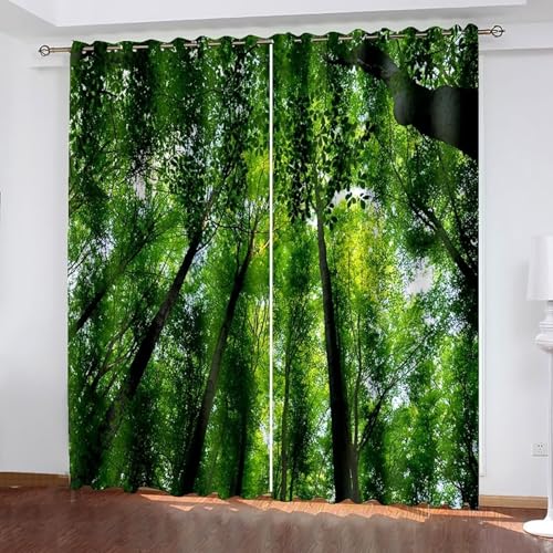 Dsnyu Gardine Vintage, Gardinen Schlafzimmer Grün Polyester Bäume Landschaft Dekoration 2er Set B 107 x H 214 cm von Dsnyu
