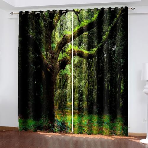 Dsnyu Gardine Wohnzimmer Fenster, Gardine Verdunkelung Dunkelgrün Polyester Psychedelische Bäume Dekoration 2er Set B 86 x H 115 cm von Dsnyu