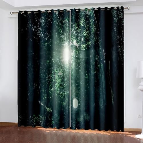 Dsnyu Gardine Wohnzimmer Fenster, Polyester Curtains Schwarz Grün Bäume und Sonnenschein Landschaft Vorhang 2er Set B 214 x H 244 cm von Dsnyu
