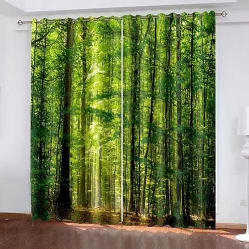 Dsnyu Gardine Wohnzimmer Fenster, Vorhänge Polyester Grün Bäume und Sonnenschein Landschaft Dekoration 2er Set B 96 x H 214 cm von Dsnyu
