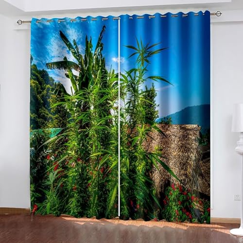 Dsnyu Gardinen Esszimmer, Vorhang XXL Blau Grün Braun Polyester Blatt und Baumlandschaft Vorhänge 2er Set B 244 x H 274 cm von Dsnyu