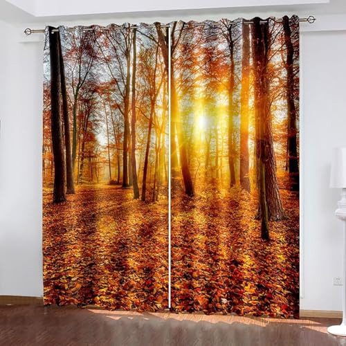 Dsnyu Gardinen Fenster, Gardinen Küche Lang Braun Gelb Polyester Herbstwald und Abendlandschaft Vorhang 2er Set B 137 x H 244 cm von Dsnyu