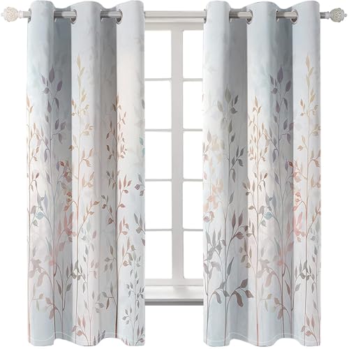 Dsnyu Gardinen Fenster, Verdunklungsvorhänge Schlafzimmer Hellgrau Khaki Polyester Zweig und Blattmuster Dekoration 2er Set B 132 x H 183 cm von Dsnyu