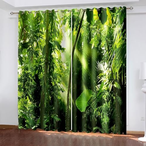 Dsnyu Gardinen Fenster, Vorhang Grün Vintage Polyester Bäume und Sonnenschein Landschaft Dekoration 2er Set B 96 x H 229 cm von Dsnyu