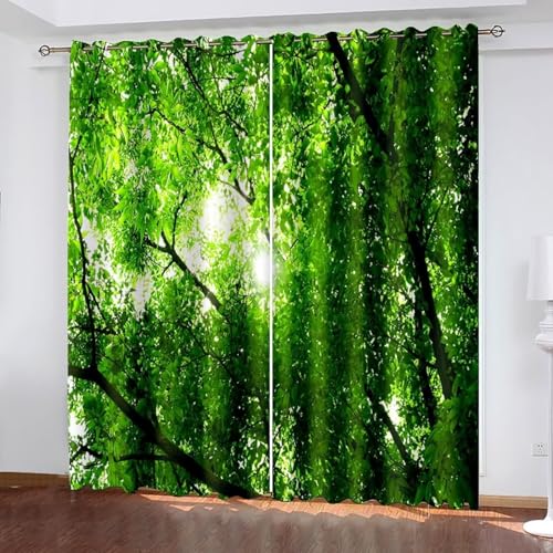 Dsnyu Gardinen Fenster, Vorhang Outdoor Grün Polyester Bäume und Sonnenschein Landschaft Dekoration 2er Set B 137 x H 274 cm von Dsnyu