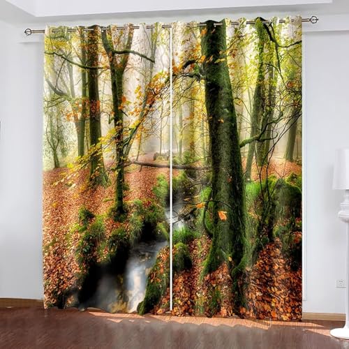Dsnyu Gardinen Küche Lang, Küchenvorhang Fenster Grün Braun Polyester Herbstwaldlandschaft Vorhänge 2er Set B 107 x H 183 cm von Dsnyu