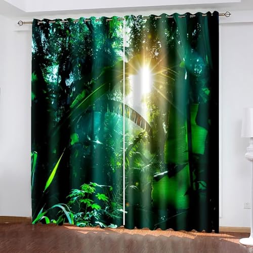 Dsnyu Gardinen Küche Modern, Küchenvorhang Retro Grün Polyester Bäume und Sonnenschein Landschaft Dekoration 2er Set B 137 x H 274 cm von Dsnyu