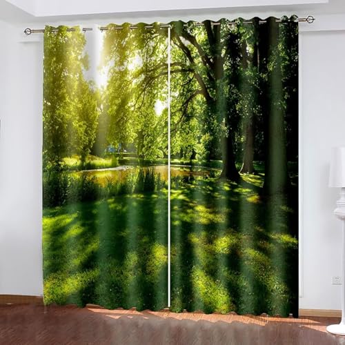 Dsnyu Gardinen Verdunklung 2er Set, Küchenvorhang Fenster Grün Polyester Baum und Rasenlandschaft Dekoration 2 Stück B 96 x H 183 cm von Dsnyu