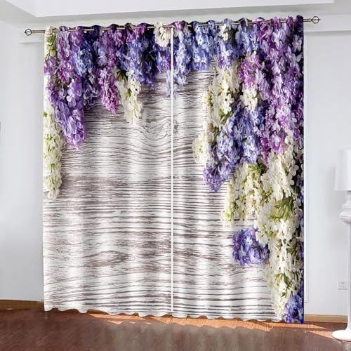 Dsnyu Gardinen Verdunklung 2er Set, Vorhang Deko Lila Polyester Holzbrett und Blumenmuster Dekoration 2 Stück B 132 x H 244 cm von Dsnyu