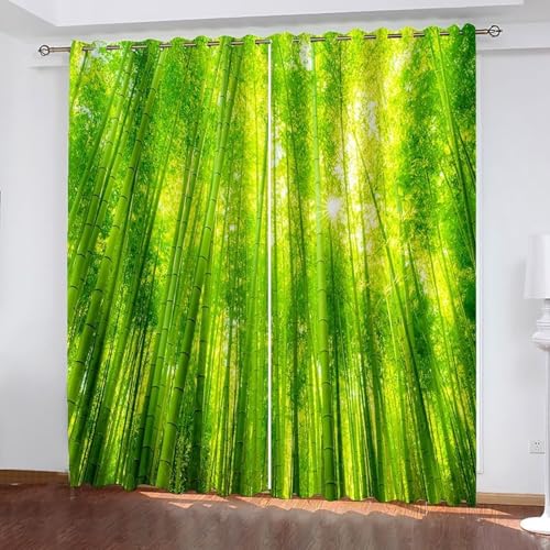 Dsnyu Gardinen Vintage, Küchenvorhang Grün Polyester Bäume und Sonnenscheinlandschaft Vorhänge 2er Set B 214 x H 274 cm von Dsnyu